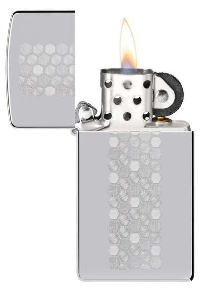 Zippo Slim?? Honeycomb Design High Polish Chrome Windproof Lighter with its lid open and lit.