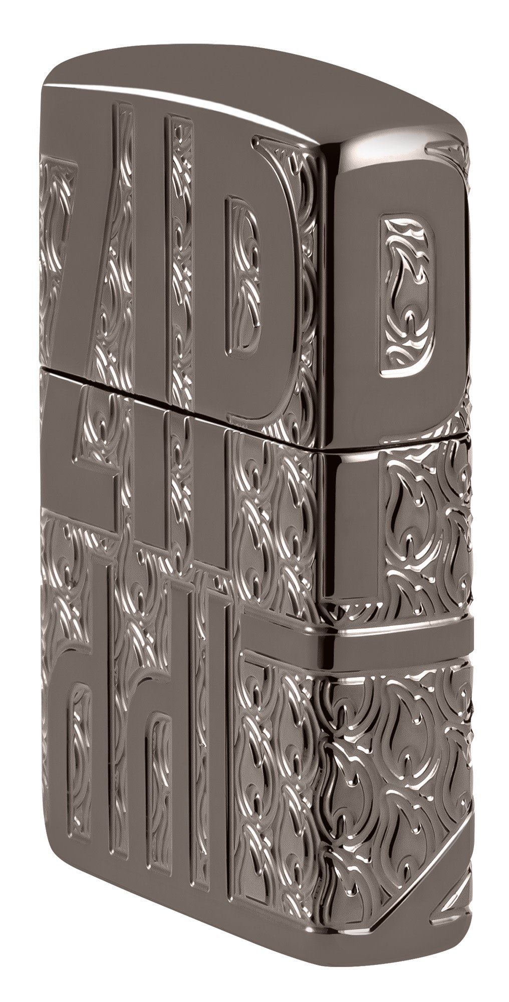 Angled shot of Zippo Reverse Carve Zippo Design Armor?? Black Ice?? Windproof Lighter showing the front and right side of the lighter.