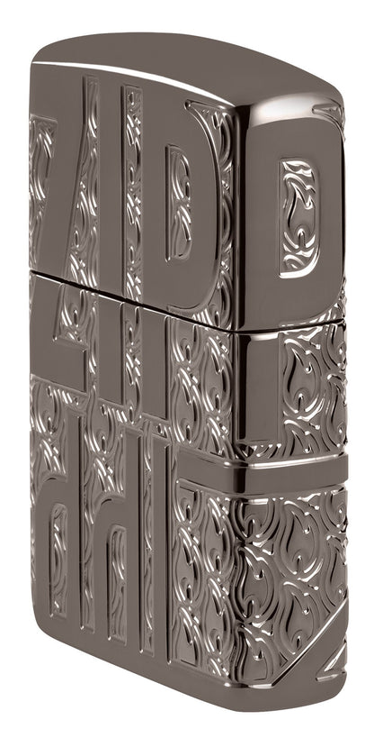 Angled shot of Zippo Reverse Carve Zippo Design Armor?? Black Ice?? Windproof Lighter showing the front and right side of the lighter.