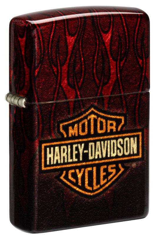 Front view of Zippo Harley-Davidson?? 540 Tumbled Brass Windproof Lighter standing at a 3/4 angle.