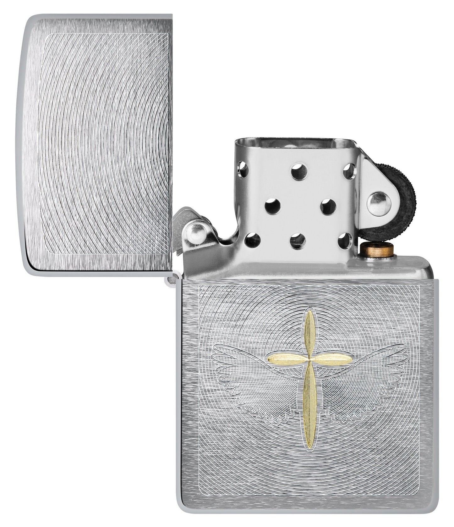 Zippo Angel Aura Design Brushed Chrome Windproof Lighter with its lid open and unlit.