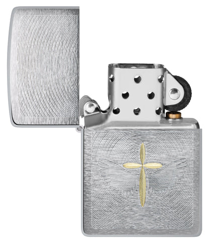 Zippo Angel Aura Design Brushed Chrome Windproof Lighter with its lid open and unlit.
