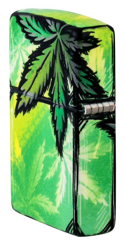 Angled shot of Zippo Glowing Leaves Design 540 Color Glow in the Dark Windproof Lighter showing the back and hinge side of the lighter.