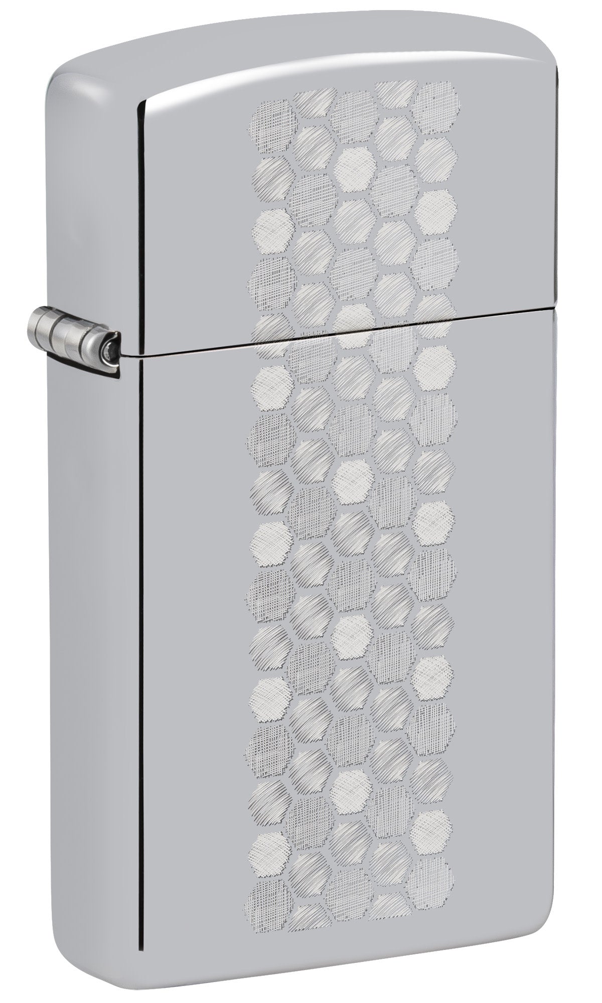 Front shot of Zippo Slim?? Honeycomb Design High Polish Chrome Windproof Lighter standing at a 3/4 angle.