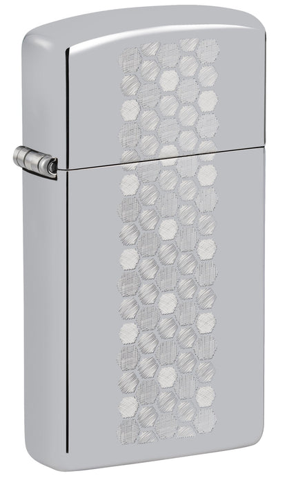 Front shot of Zippo Slim?? Honeycomb Design High Polish Chrome Windproof Lighter standing at a 3/4 angle.