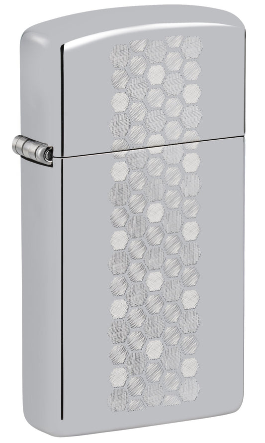 Front shot of Zippo Slim?? Honeycomb Design High Polish Chrome Windproof Lighter standing at a 3/4 angle.