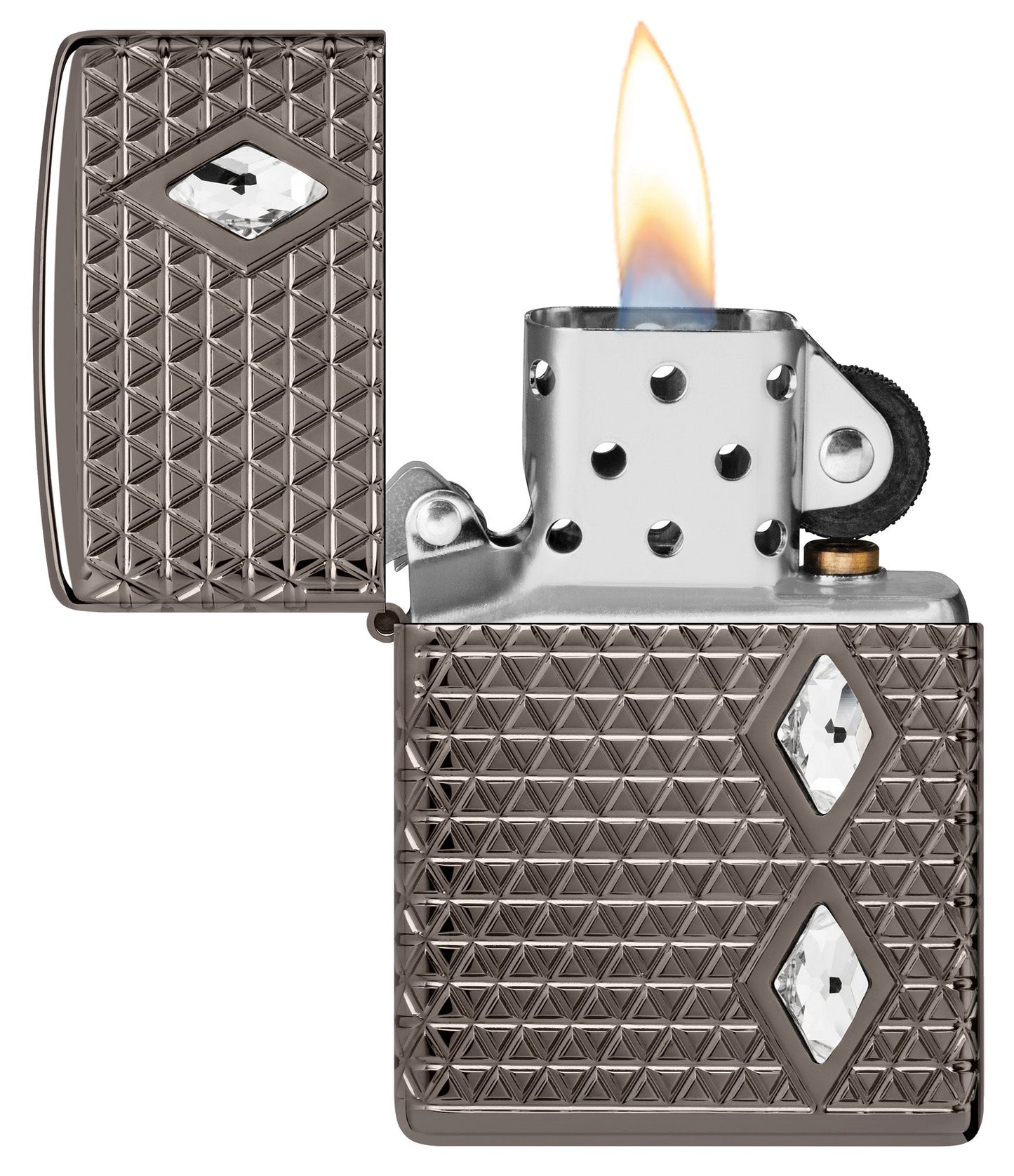 Zippo Diamond Pattern Design Armor?? Black Ice?? Windproof Lighter with its lid open and lit.