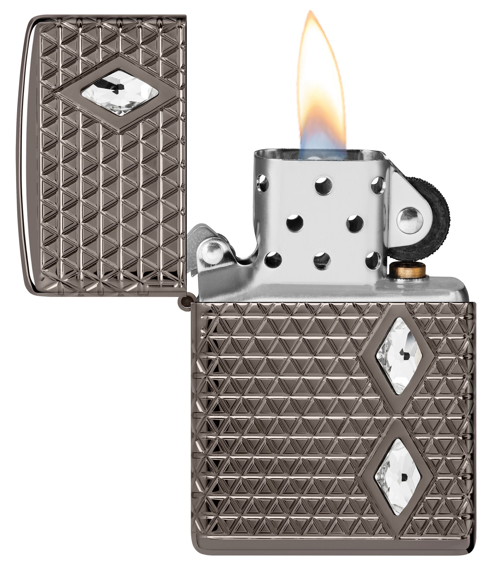Zippo Diamond Pattern Design Armor?? Black Ice?? Windproof Lighter with its lid open and lit.