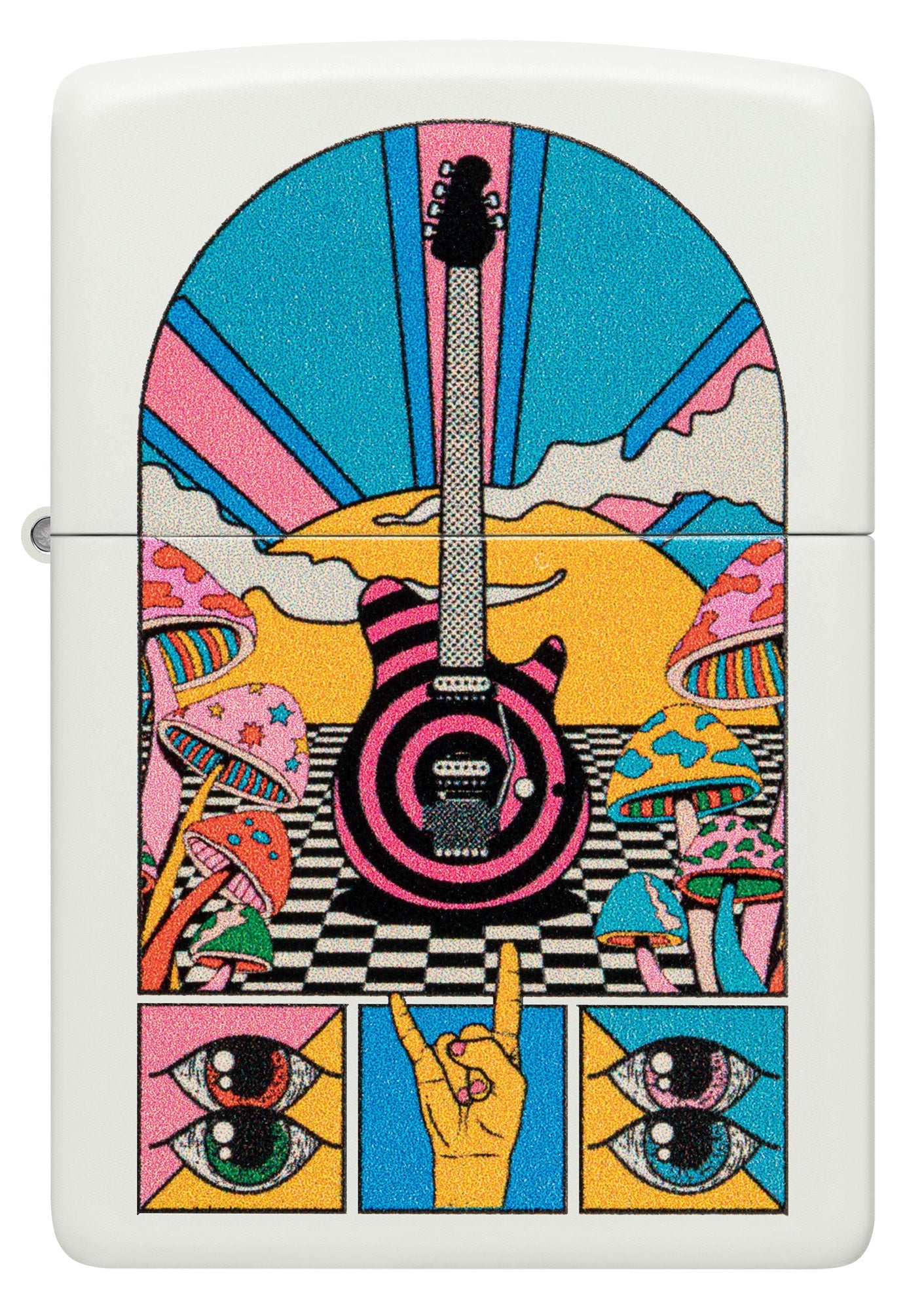Front view of Zippo Retro Music Design White Matte Windproof Lighter.