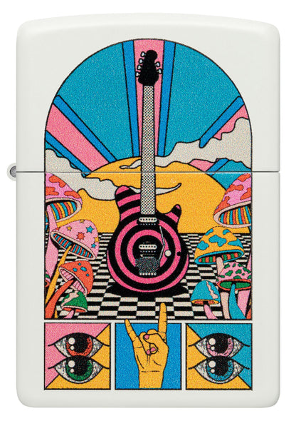 Front view of Zippo Retro Music Design White Matte Windproof Lighter.