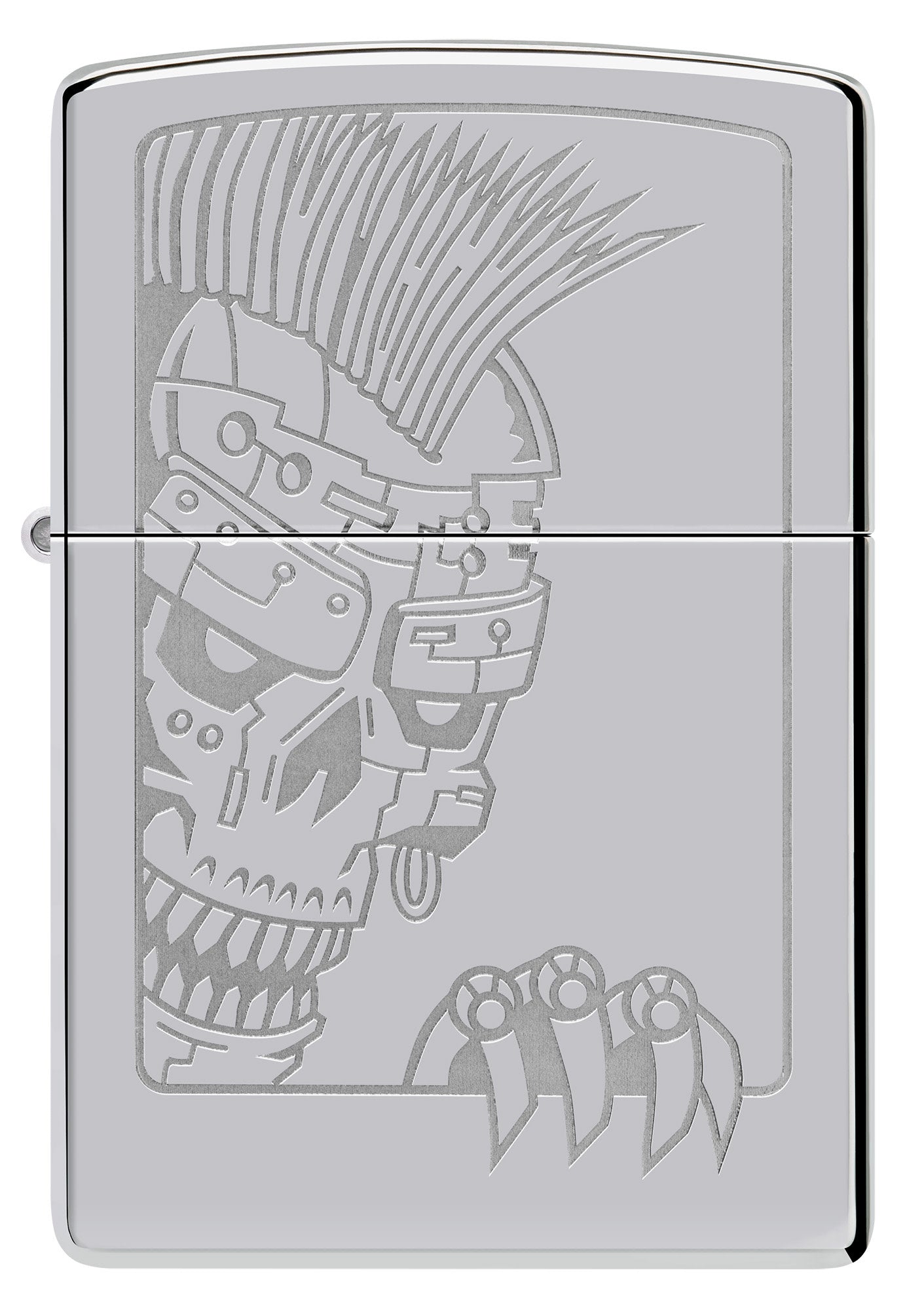 Front view of Zippo Mohawk Skull Design High Polish Chrome Windproof Lighter.