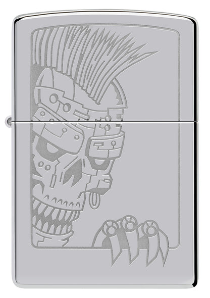 Front view of Zippo Mohawk Skull Design High Polish Chrome Windproof Lighter.