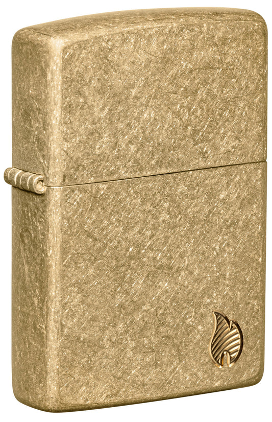 Front shot of Zippo Armor?? Series Flame Tumbled Brass Windproof Lighter standing at a 3/4 angle.