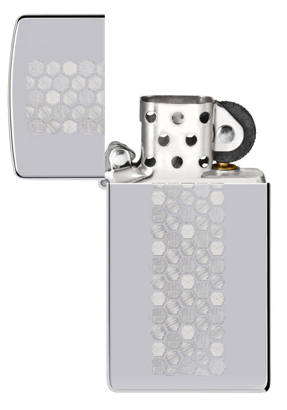 Zippo Slim?? Honeycomb Design High Polish Chrome Windproof Lighter with its lid open and unlit.