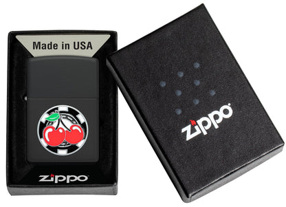 Zippo Poker Chip with Cherries Emblem Black Matte Windproof Lighter in its packaging.