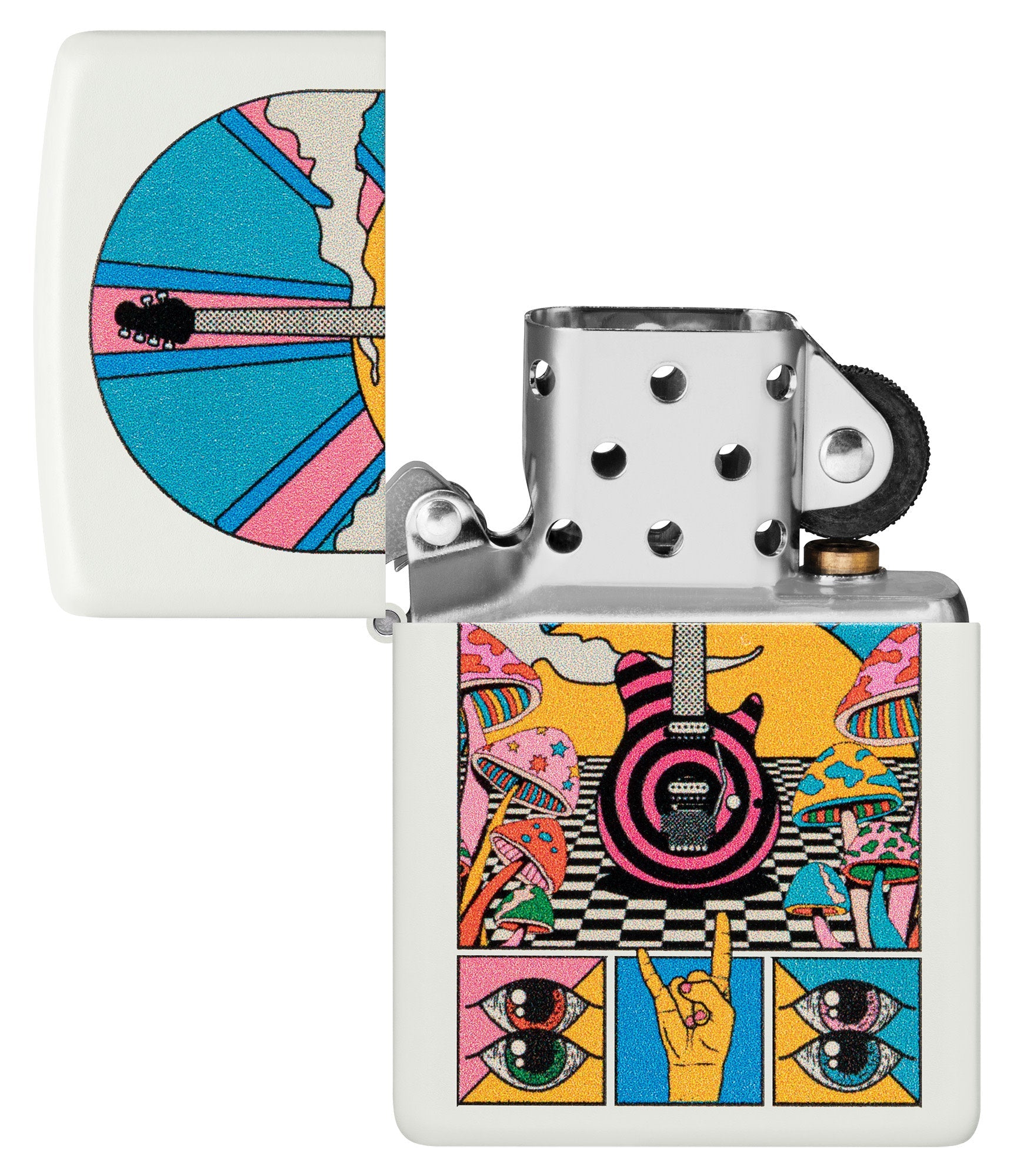 Zippo Retro Music Design White Matte Windproof Lighter with its lid open and unlit.