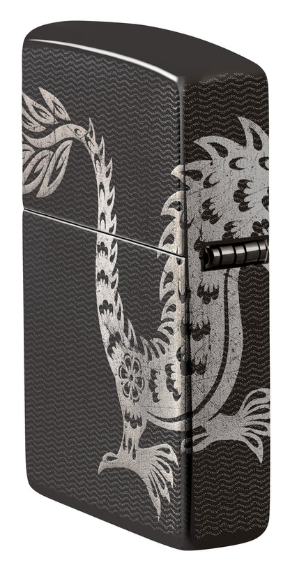 Angled shot of Zippo Lucky Dragon Design High Polish Black Windproof Lighter showing the back and hinge side of the lighter.