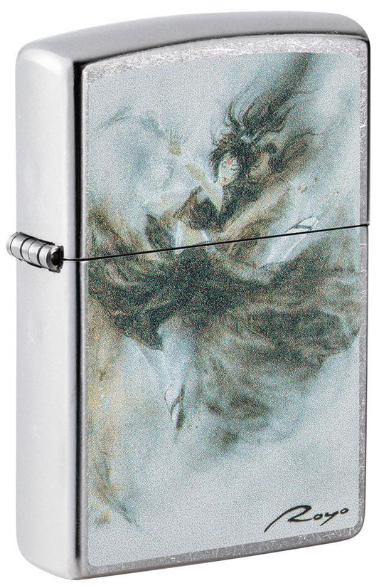 Front shot of Luis Royo Design Street ChromeÆ?âº Windproof Lighter standing at a 3/4 angle.