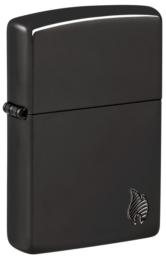 Front shot of Zippo Armor?? Series Flame High Polish Black Windproof Lighter standing at a 3/4 angle.