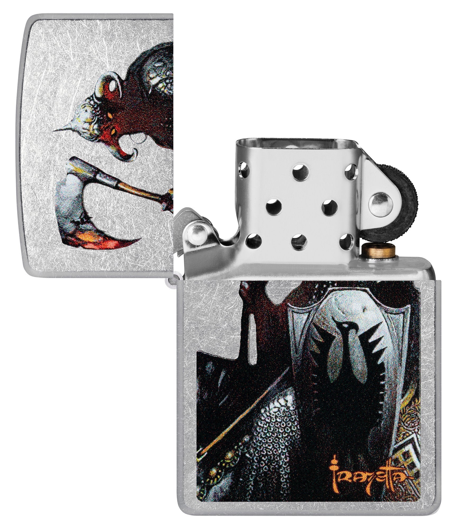 Zippo Frank Frazetta Death Dealer Street Chrome Windproof Lighter with its lid open and unlit.