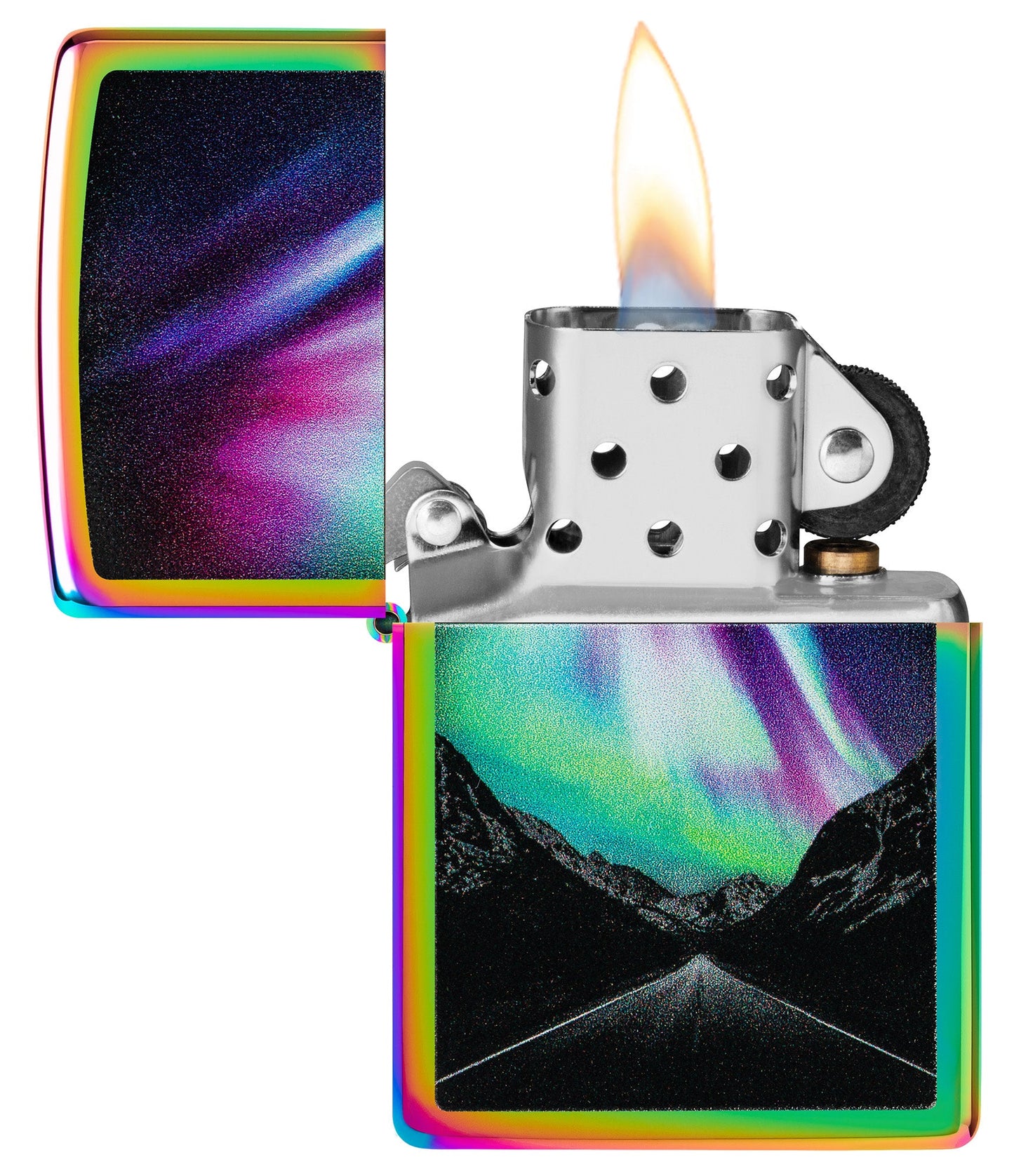 Zippo Aurora Road Design Multi Color Windproof Lighter with its lid open and lit.