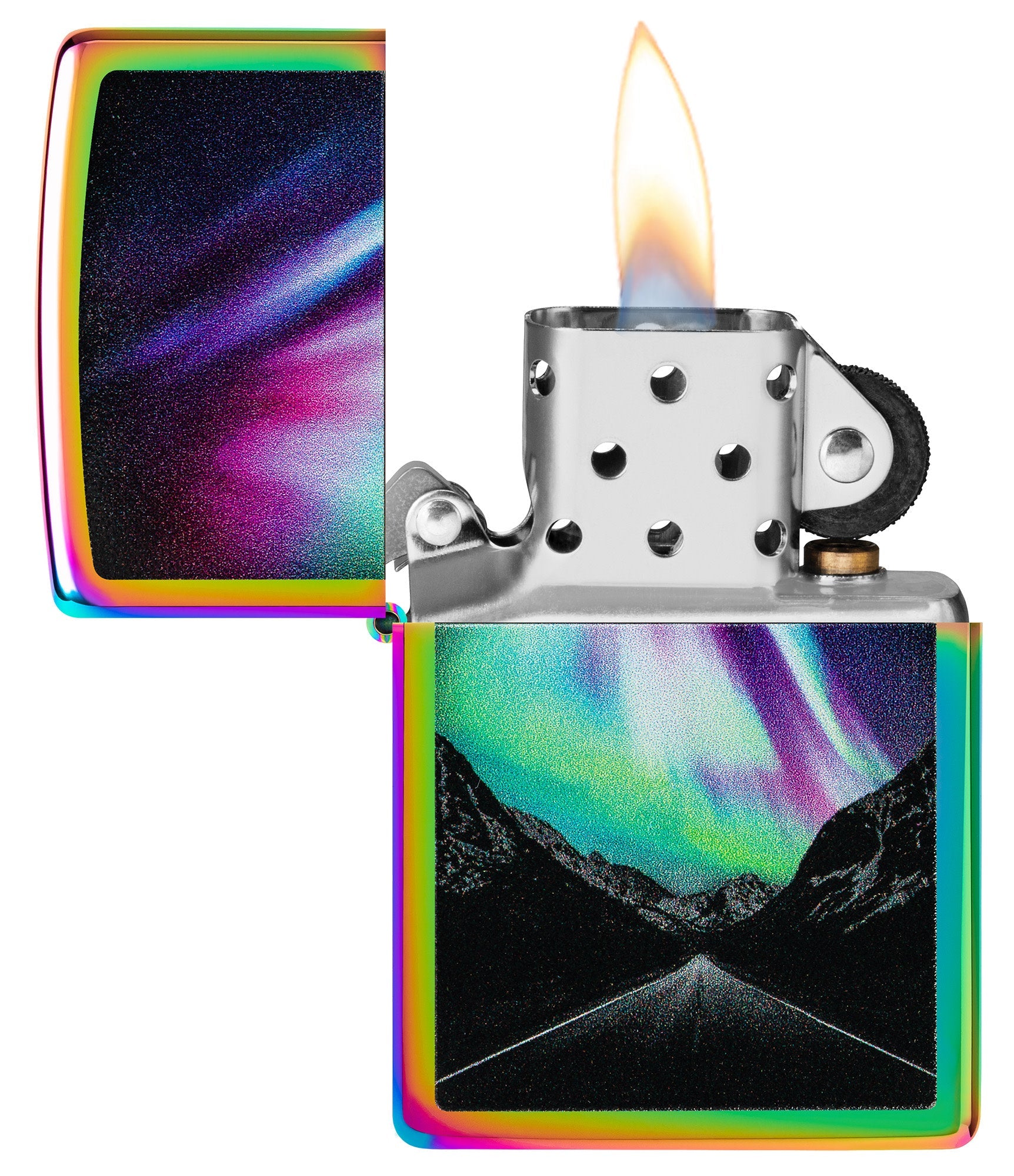 Zippo Aurora Road Design Multi Color Windproof Lighter with its lid open and lit.