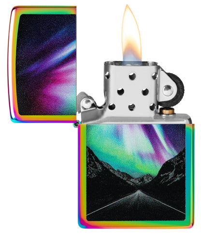 Zippo Aurora Road Design Multi Color Windproof Lighter with its lid open and lit.