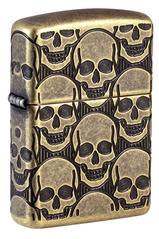 Front shot of Zippo Cackling Cranium Design Armor?? Antique Brass Windproof Lighter standing at a 3/4 angle.