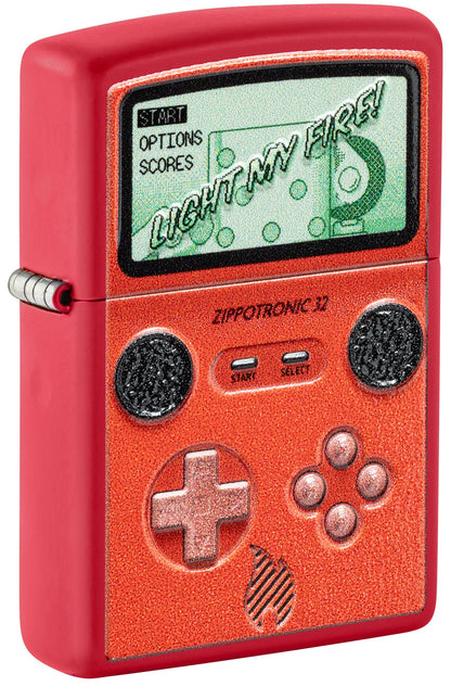 Front shot of Zippotronic Design Red Matte Windproof Lighter standing at a 3/4 angle.