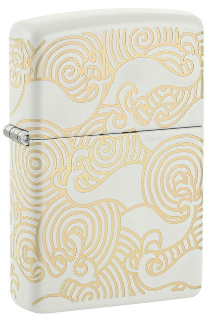 Front shot of Zippo Waves Design White Matte Pocket Lighter standing at a 3/4 angle.
