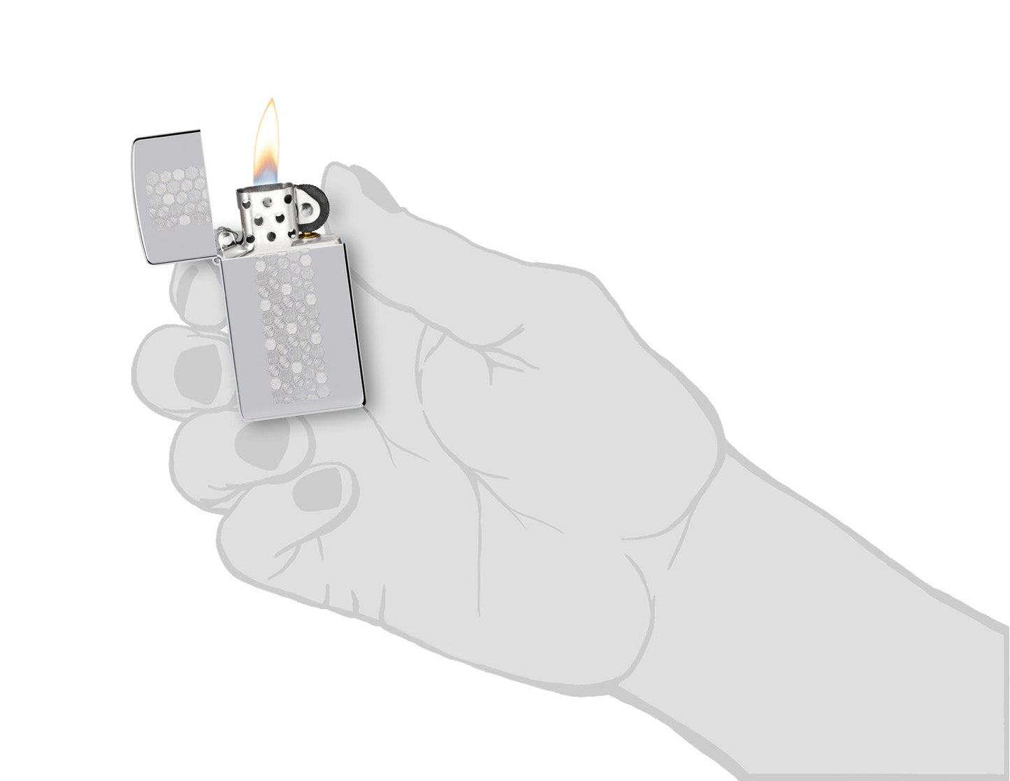 Zippo Slim?? Honeycomb Design High Polish Chrome Windproof Lighter lit in hand.