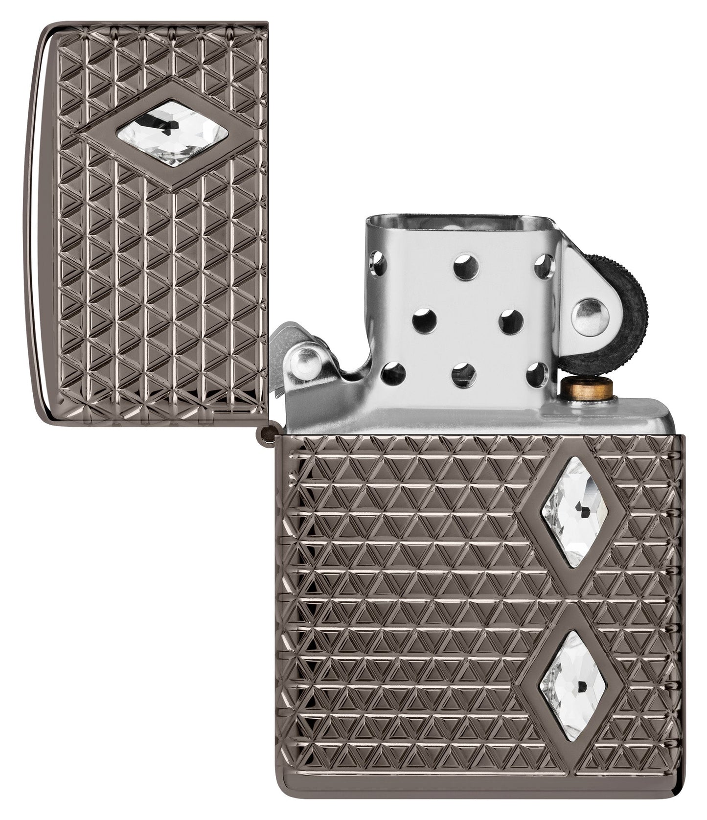 Zippo Diamond Pattern Design Armor?? Black Ice?? Windproof Lighter with its lid open and unlit.