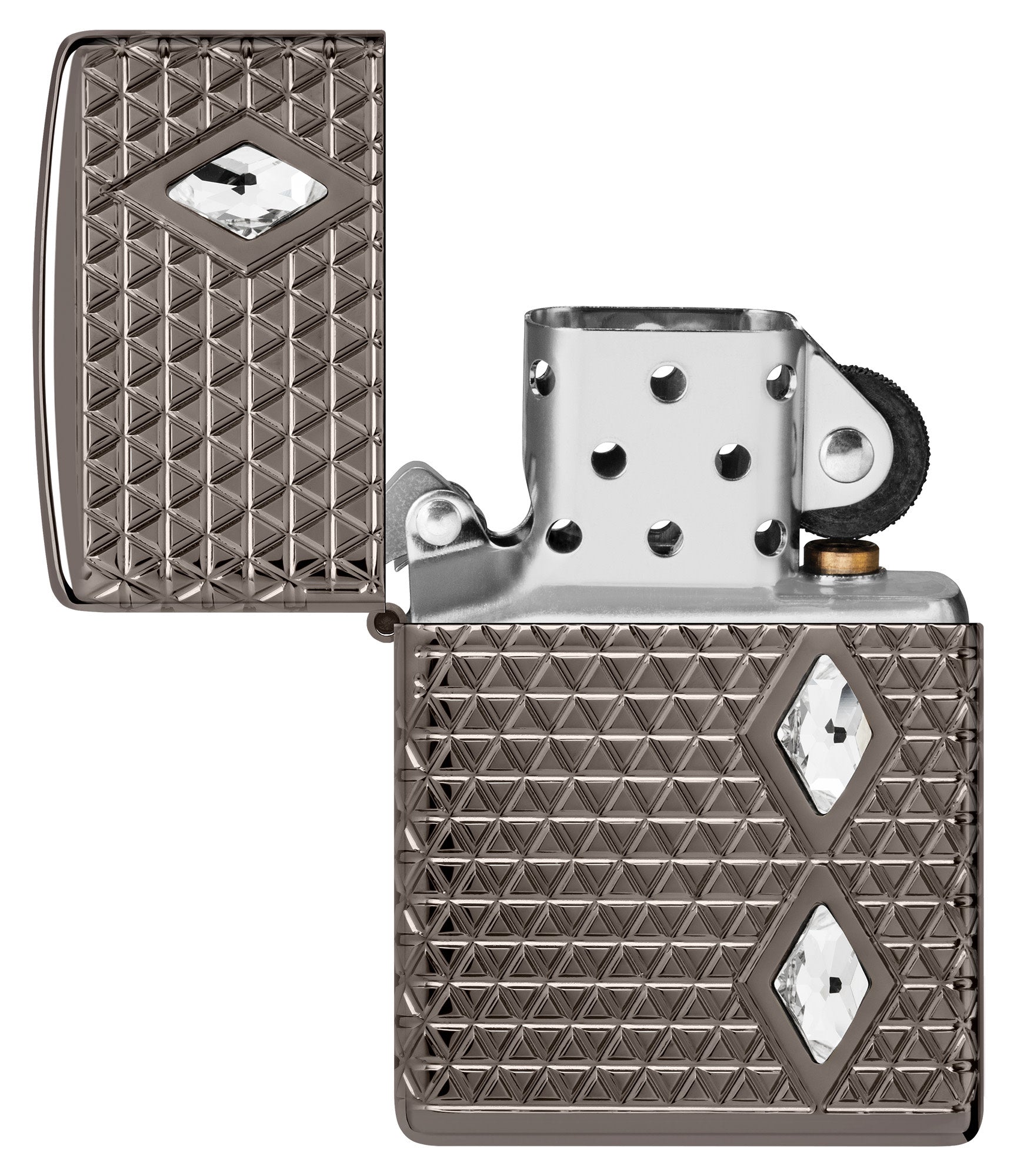 Zippo Diamond Pattern Design Armor?? Black Ice?? Windproof Lighter with its lid open and unlit.