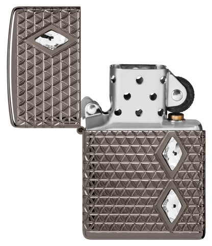 Zippo Diamond Pattern Design Armor?? Black Ice?? Windproof Lighter with its lid open and unlit.
