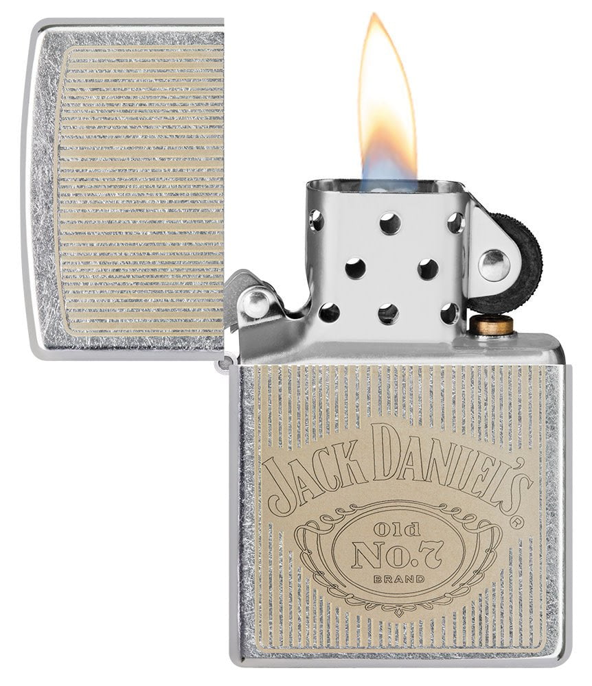 Jack Daniel's?? Logo Street ChromeÆ?âº Windproof Lighter with its lid open and lit.