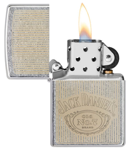 Jack Daniel's?? Logo Street ChromeÆ?âº Windproof Lighter with its lid open and lit.