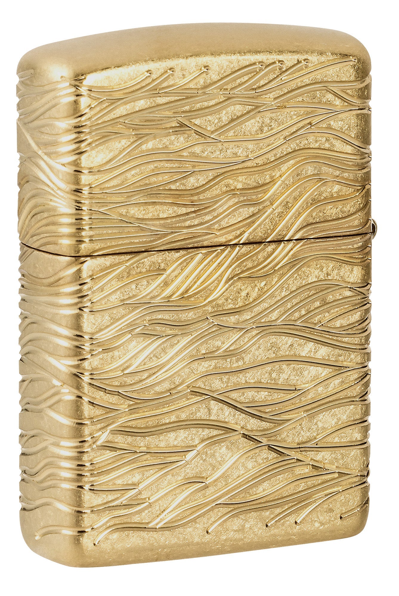Back shot of Zippo Luxury Waves Design Armor Tumbled Brass Windproof Lighter standing at a 3/4 angle.