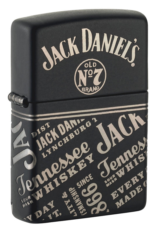 Front shot of Zippo Jack Daniel's?? Every Drop Design Regular Media Chrome Black Matte Windproof Lighter standing at a 3/4 angle.
