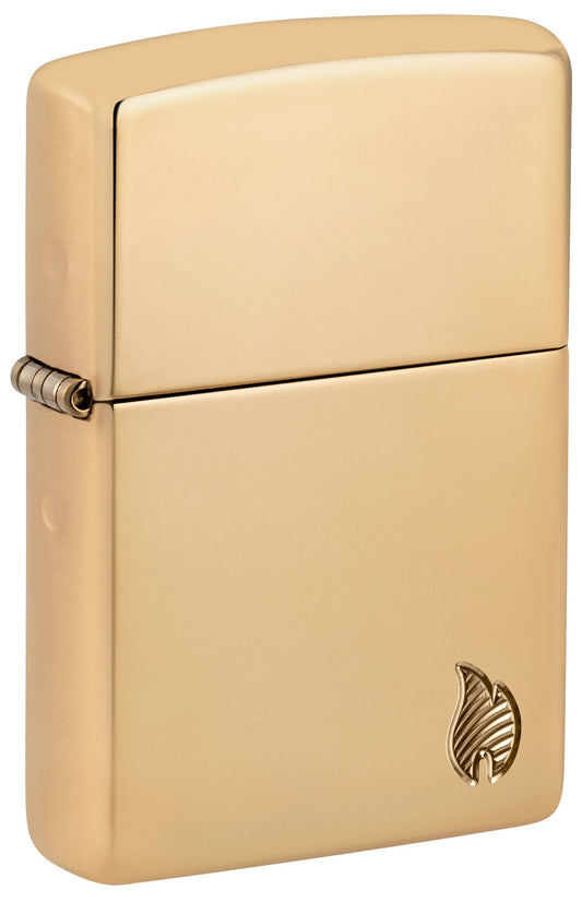 Front shot of Zippo Armor?? Series Flame High Polish Brass Windproof Lighter standing at a 3/4 angle.