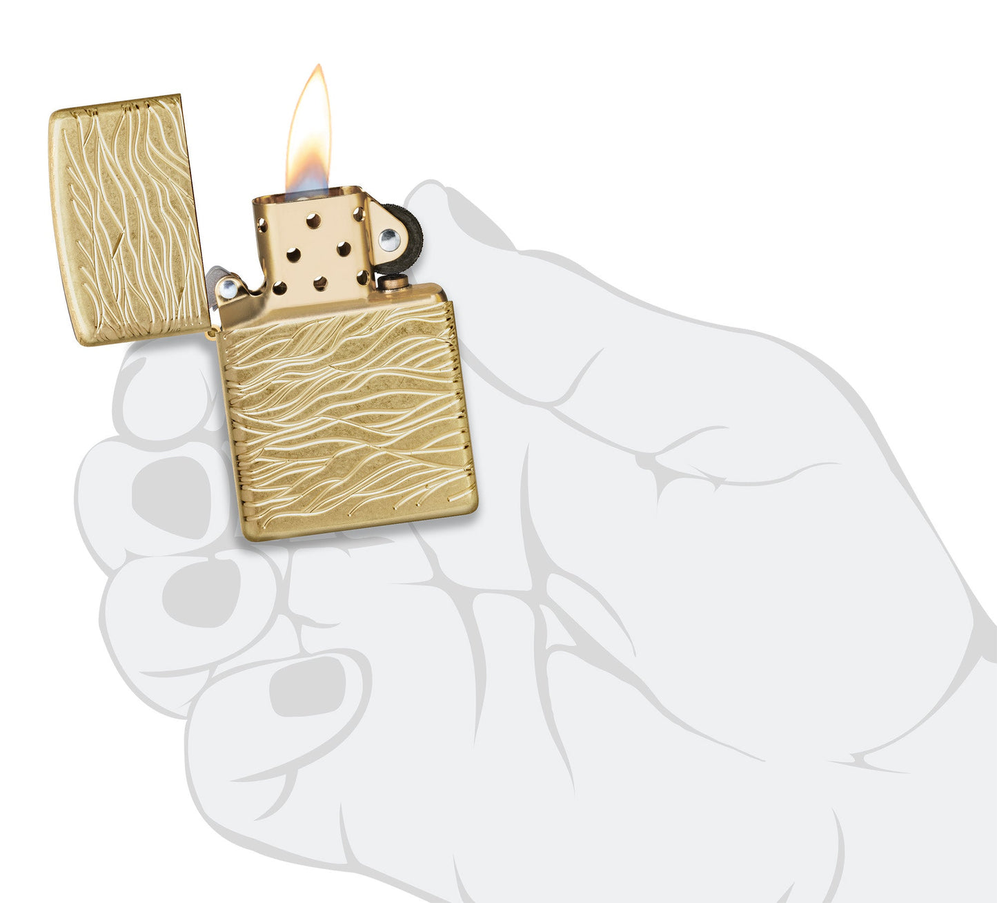 Zippo Luxury Waves Design Armor Tumbled Brass Windproof Lighter lit in hand.