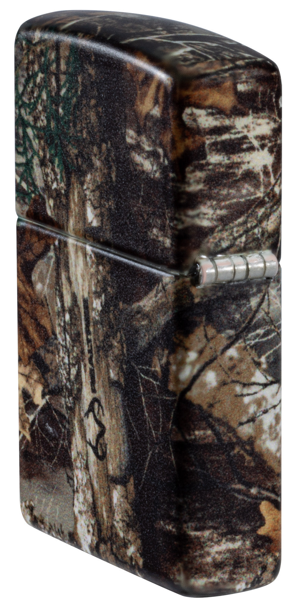 Angled shot of Zippo Realtree?? EDGEÆ?âº Camo Design 540 Matte Windproof Lighter showing the back and hinge sides of the lighter.