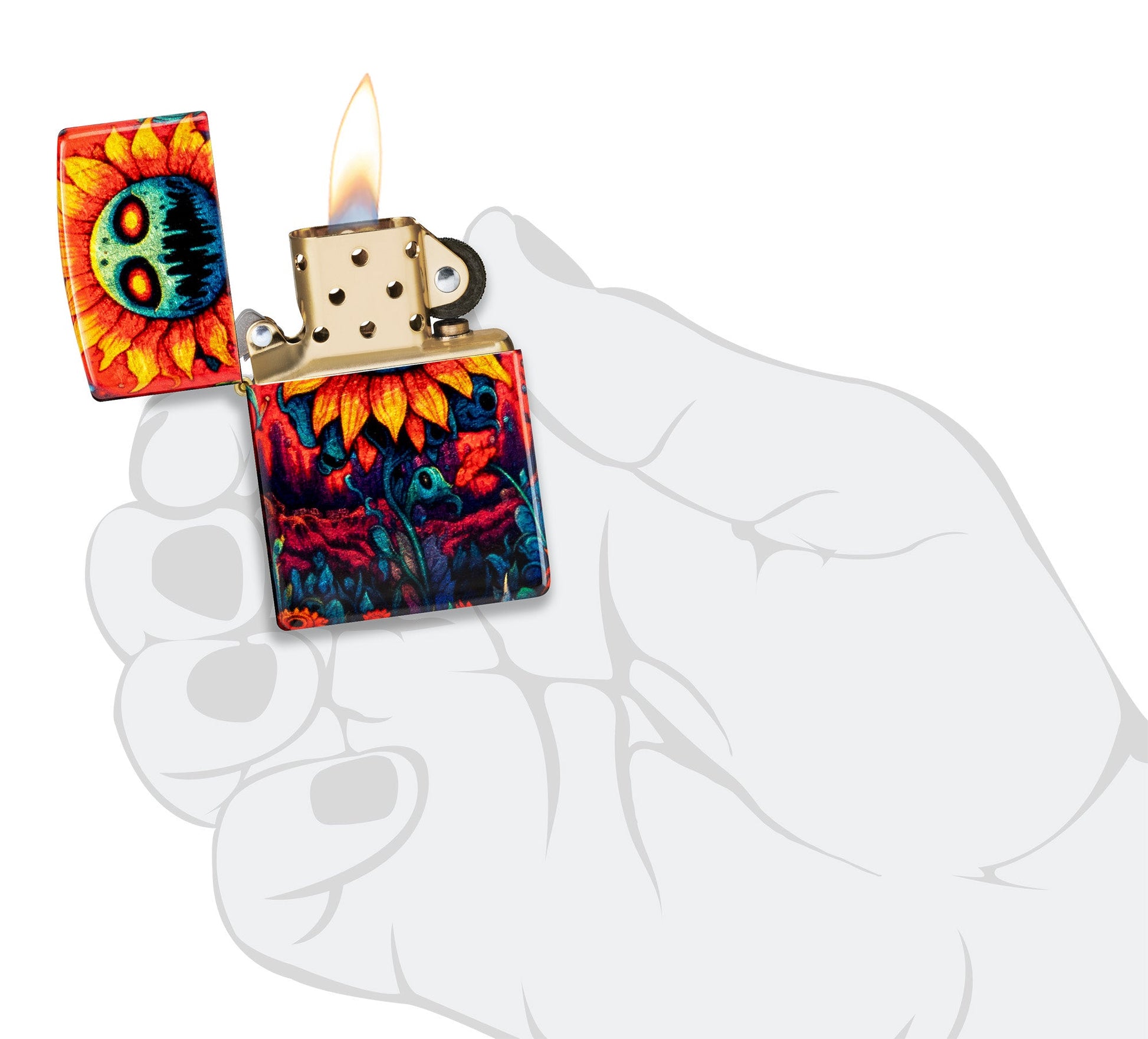 Zippo Spooky Sunflower Design 540 Tumbled Brass Windproof Lighter lit in hand.
