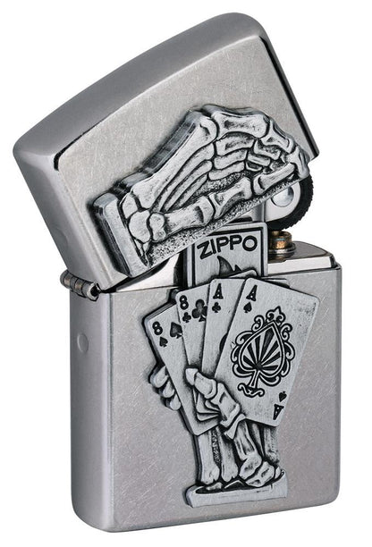 Angle shot of Dead Mans Hand Surprise Emblem Design Street ChromeÆ?âº Windproof Lighter with the lid slightly opened, showing the surprise emblem inside.