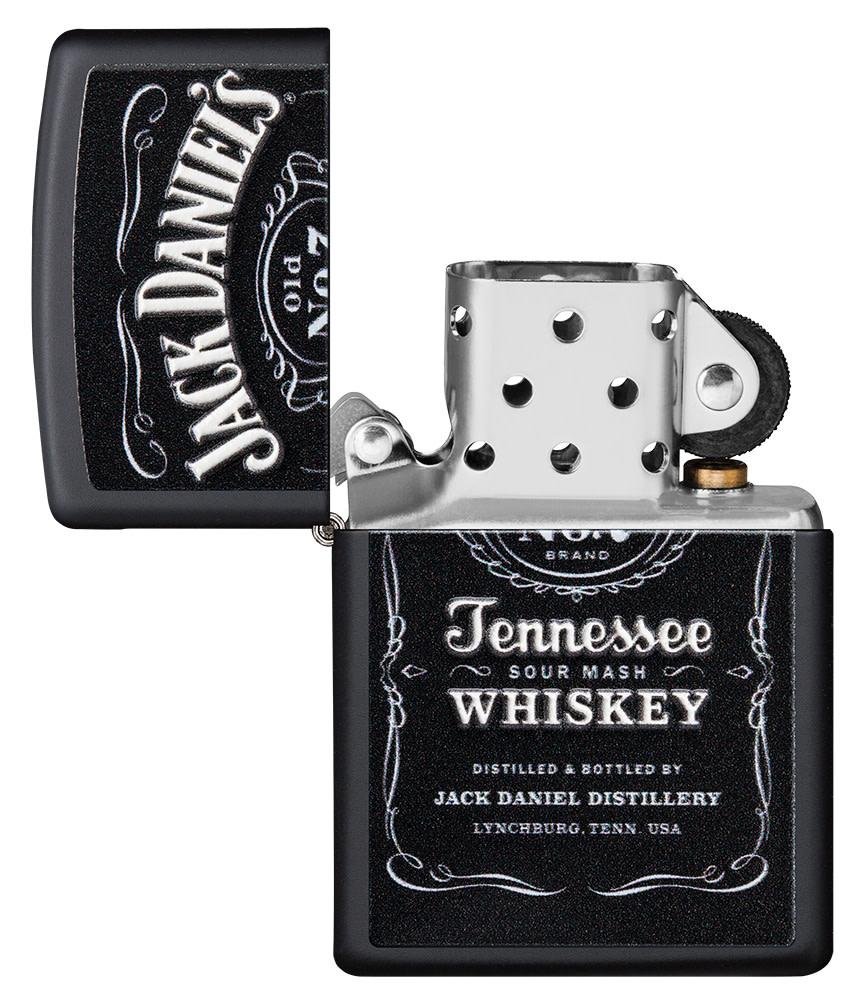 Jack Daniel's?? Texture Print Black Matte Windproof Lighter with its lid open and unlit