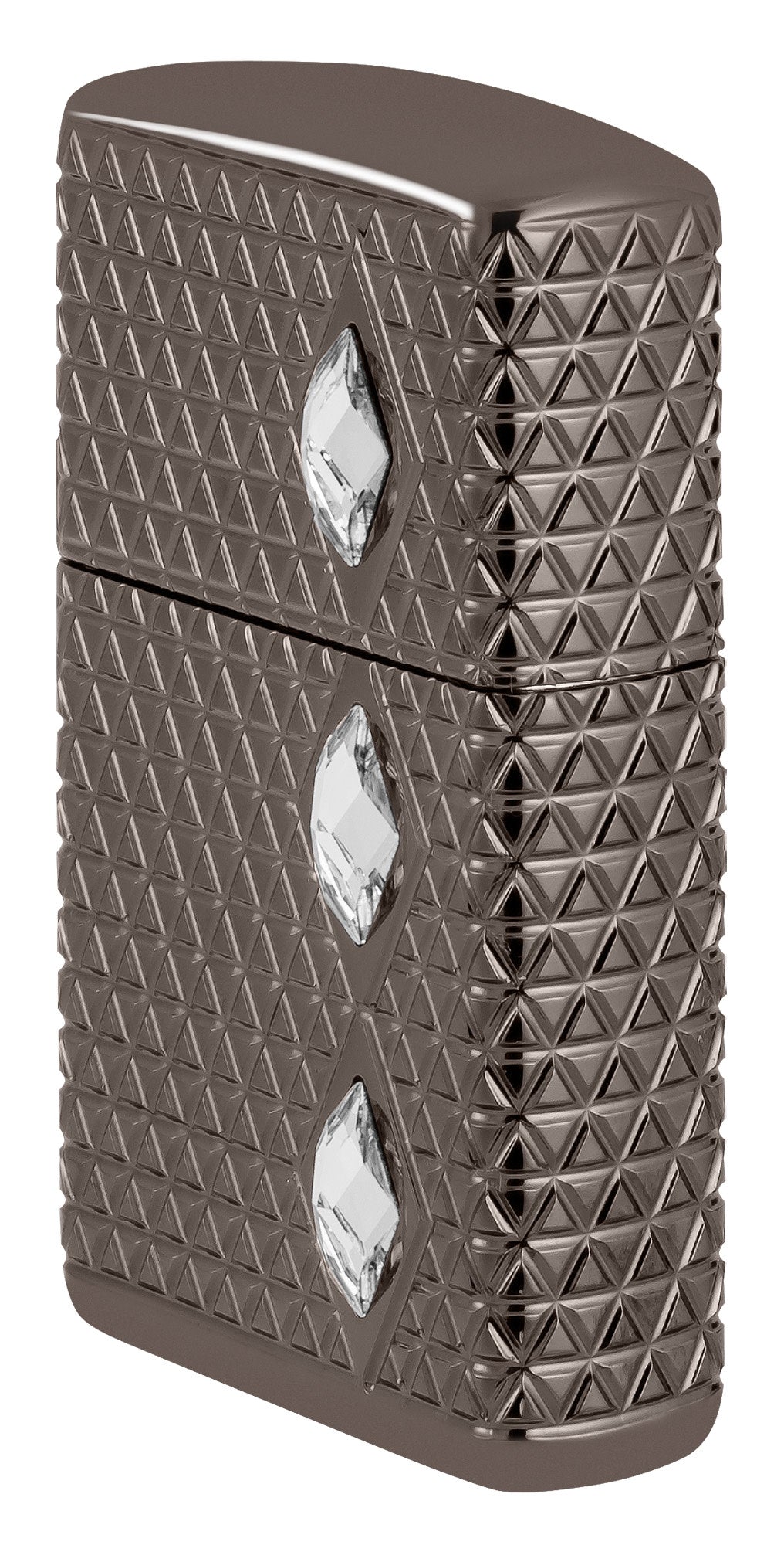 Angled shot of Zippo Diamond Pattern Design Armor?? Black Ice?? Windproof Lighter showing the front and right side of the lighter.