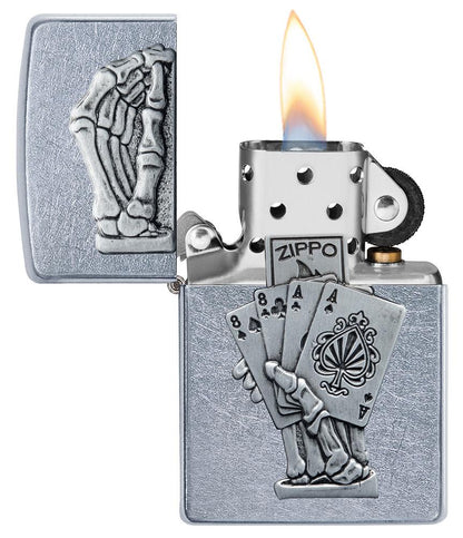 Dead Mans Hand Surprise Emblem Design Street ChromeÆ?âº Windproof Lighter with its lid open and lit