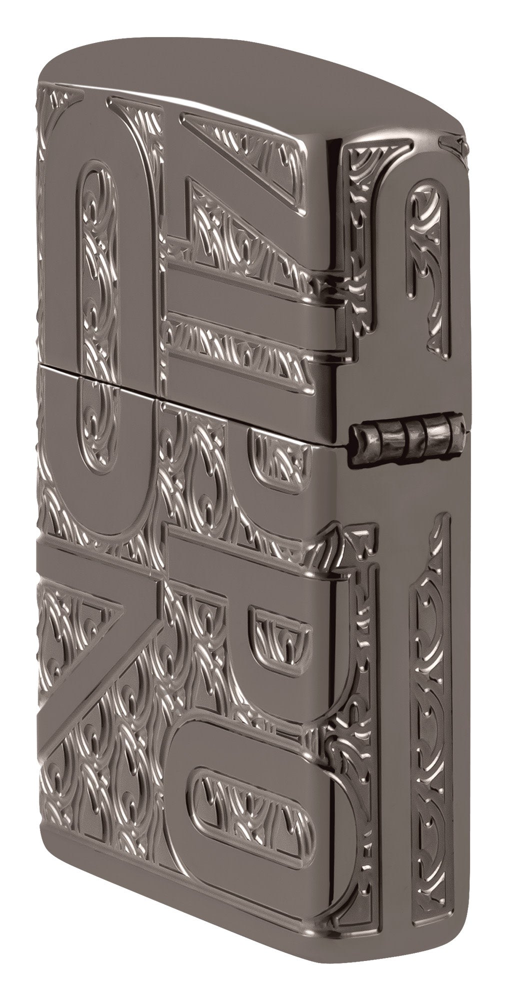 Angled shot of Zippo Reverse Carve Zippo Design Armor?? Black Ice?? Windproof Lighter showing the back and hinge side of the lighter.