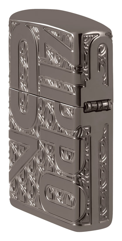 Angled shot of Zippo Reverse Carve Zippo Design Armor?? Black Ice?? Windproof Lighter showing the back and hinge side of the lighter.