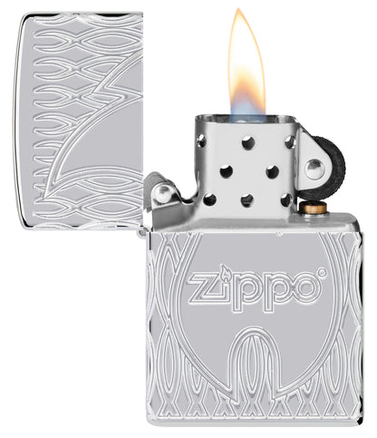 Zippo Flame Design Armor High Polish Chrome Windproof Lighter with its lid open and lit.