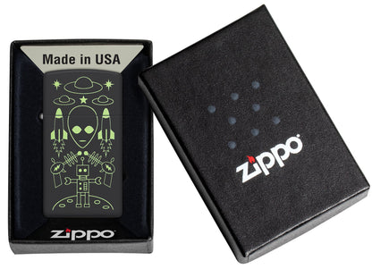 Zippo Alien Invasion Design Slim?? Black Matte Windproof Lighter in its packaging.